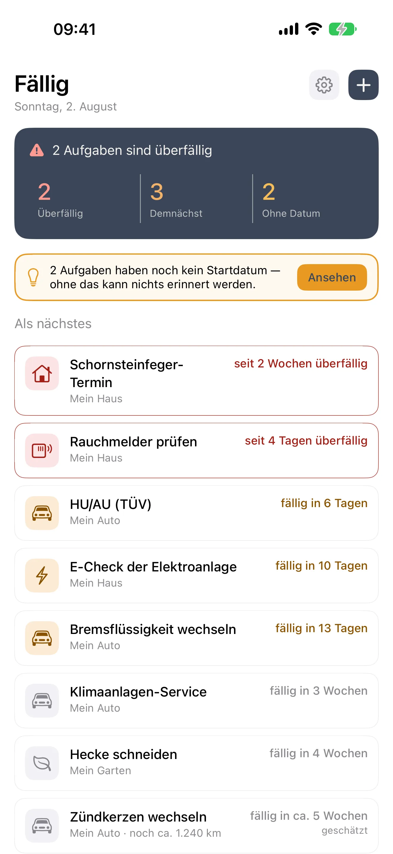 Dashboard der App Fällig auf dem iPhone: zwei überfällige Aufgaben, darunter eine Liste anstehender Wartungen mit der jeweiligen Restlaufzeit.